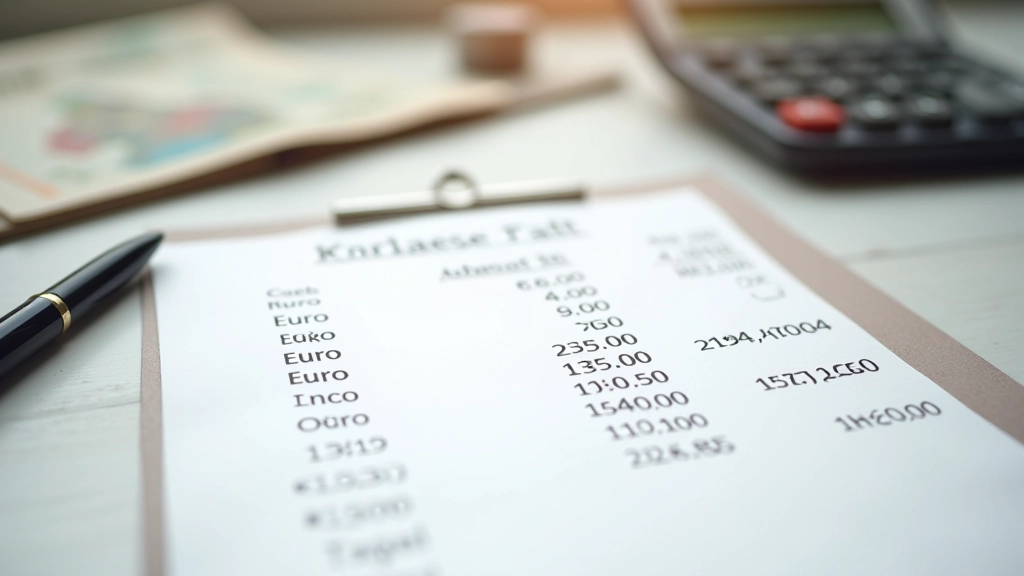 Tabulka s historickými kurzy české koruny vůči euru a dolaru na papíru s kalkulačkou