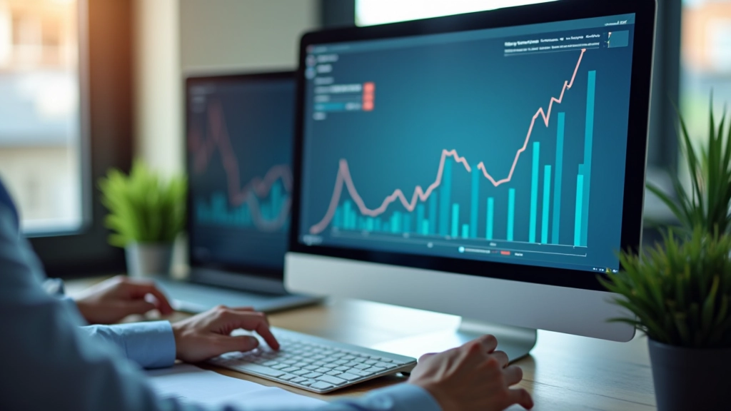 Moderní kancelářské prostředí s grafem investičních trendů na obrazovce