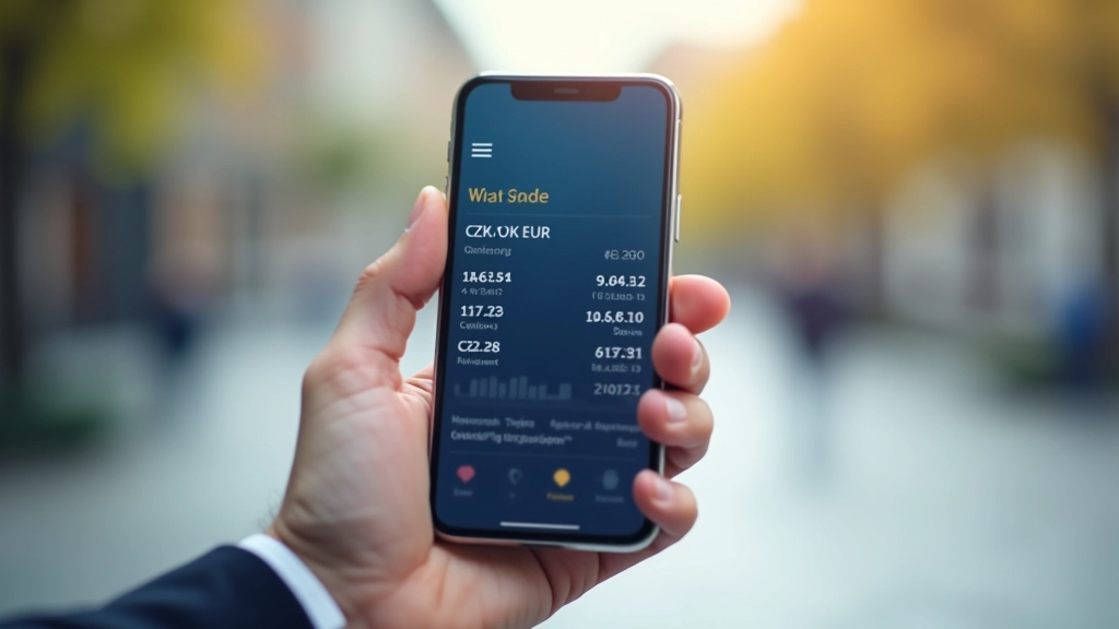 Mobilní telefon se spuštěnou aplikací banky zobrazující aktuální devizové kurzy a historické grafy